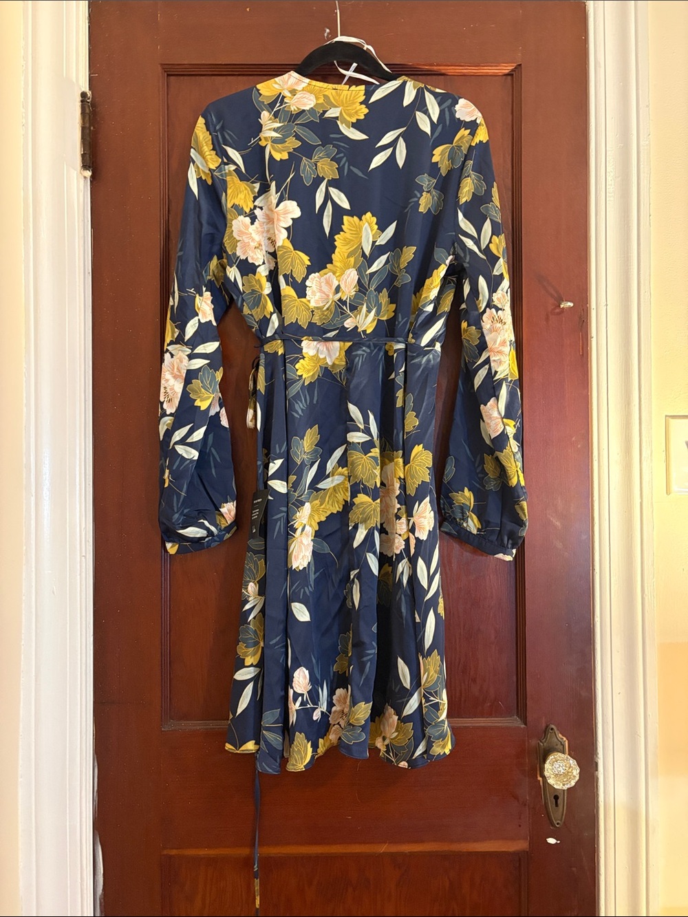 Lulu's Navy Floral Wrap Dress with Yellow & Blush Blooms - Picture 5 of 8